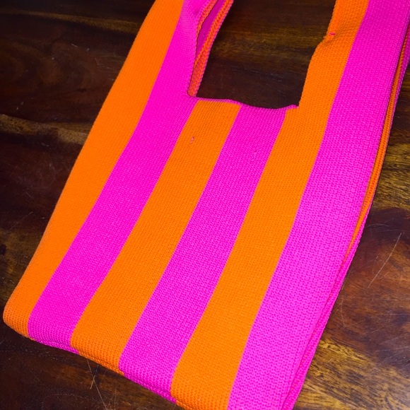 H&M Mini Striped Hobo Bag Neon Orange Pink Stretch - Picture 10 of 10